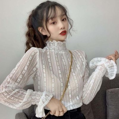 Lace Tops for Women Long Sleeve Mock Neck Sheer Blouse See Through Floral Lace Tops