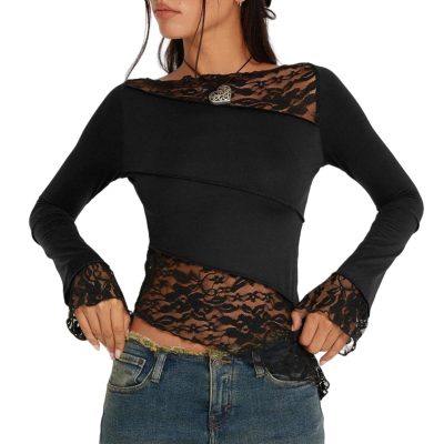 Women's Asymmetrical Sheer Lace T Shirt Sexy Slim Fit Long Sleeve Blouse Boat Neck Crop Top Tees