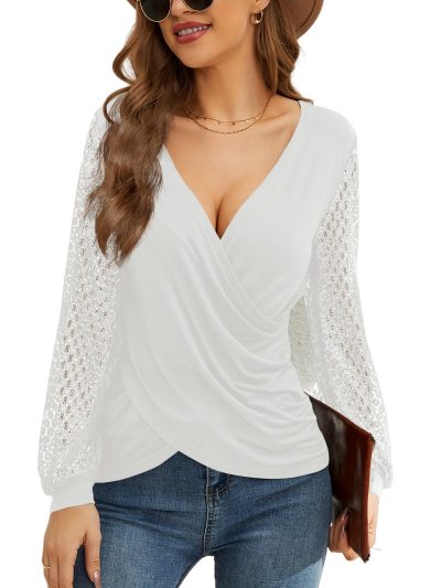 Long Sleeve Shirts for Women V Neck Lace Tops Dressy Business Casual Blouses Cross Wrap Sexy Tops Work Shirt