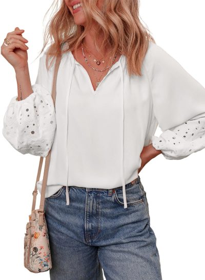 Womens Tops Dressy Casual V Neck Long Sleeve Hollow Out Embroidered Blouses Shirts Spring Summer Outfits 2025