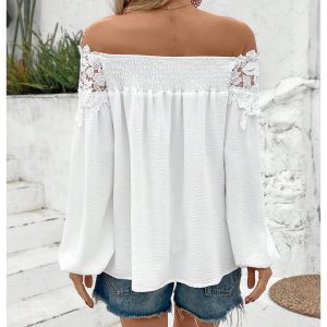 Women's Off Shoulder Lace Blouse Long Sleeve Dressy Shirts Vacation Tops
