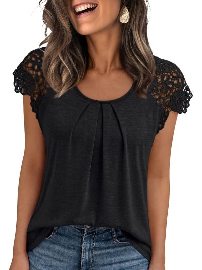 Womens Lace Tops Pleated Short Sleeve Shirts Summer Business Casual Dressy Blouses