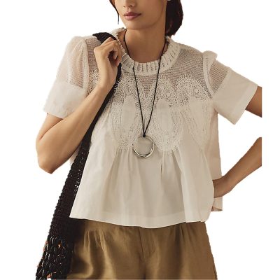 Women's Elegant Babydoll Style Lace Shirt Flared Swing Top with Sheer Mesh Lace Back Tunic Top