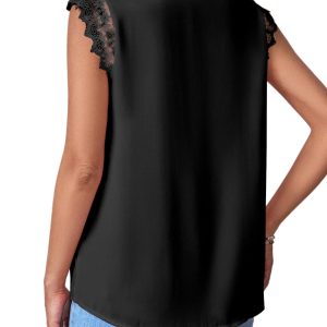 Women's Elegant Notch V Neck Lace Trim Cap Sleeve Blouse Shirt Sleeveless Top