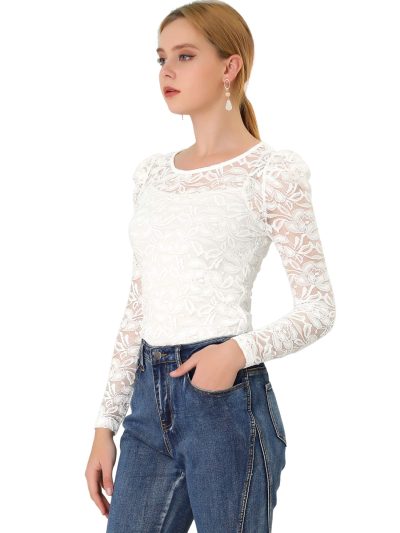 Women's Long Sleeve Lace Top Mesh Sheer Fitted Elegant Blouse