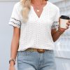 71jFS5QEzL.jpg Summer Tops for Women 2025 Short Sleeve V Neck Dressy Lace Eyelet Blouses Shirts