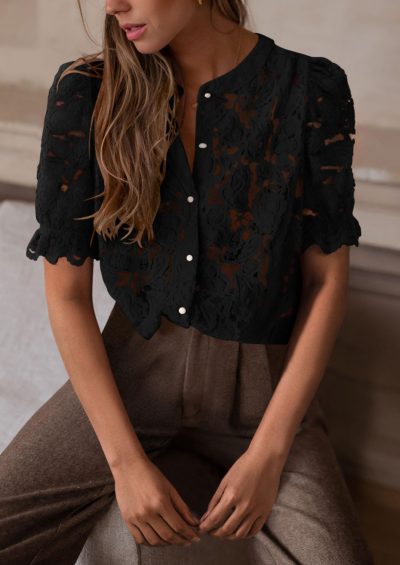 Womens 2025 Spring Lace Tops Short Puff Sleeve Casual Dressy Blouses Eyelet Crew Neck Button Down Shirts