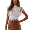 Women's Hollowed Lace Blouse Soft Sleeveless Ruffle Trim Elegant Summer Shirt Tops