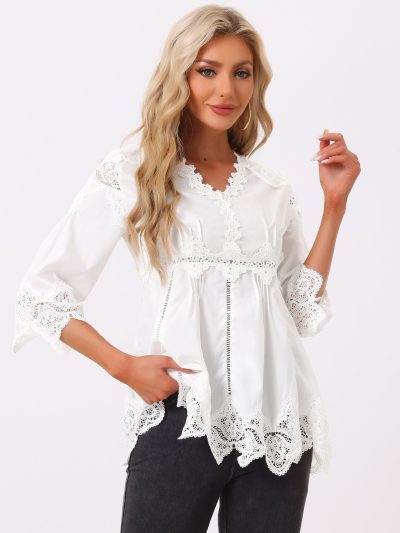 Women's Lace Trim Chiffon Elegant Spring Hollow Out 3/4 Sleeve V Neck Shirts