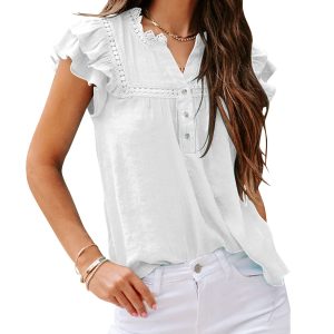 Women's V Neck Lace Crochet Shirts Button Down Short Sleeve Casual Blouse Tops