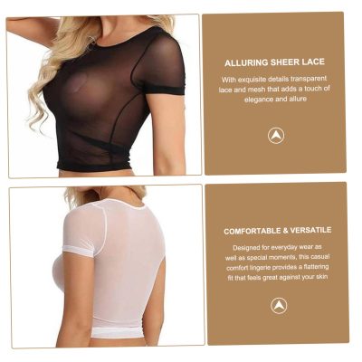 Women's Sheer Lace Lingerie Mesh Short Sleeve Crop Tops, See Through Lingerie Sexy Set for Women & Girls, L
