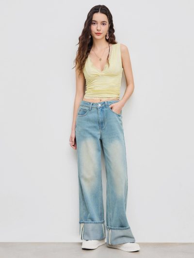 Lace Crop Tank Tops for Women Summer V Neck Sleeveless Going Out Tops Ruched Sexy Tee Trendy T Shirts Casual