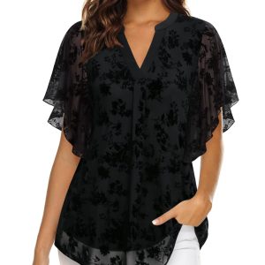 Women's Short Sleeve V Neck Blouses Shirts Floral Double Layers Mesh Tunics Tops