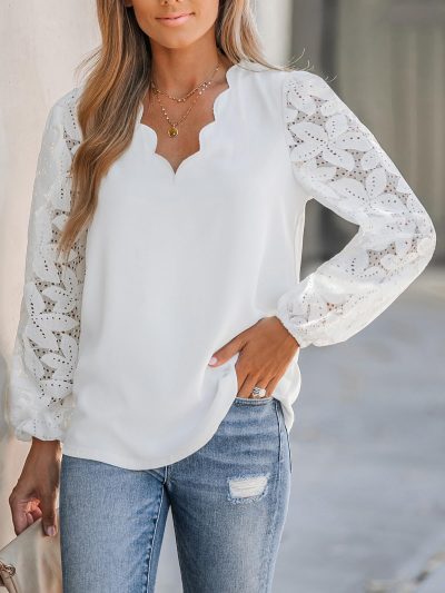 Women Lace Elegant Blouse Long Sleeve Eyelet V Neck Dressy Party Floral Tops Scalloped V Neck