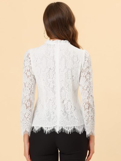Women's Lace Top Long Sleeve Ruffle Neck Floral Blouse