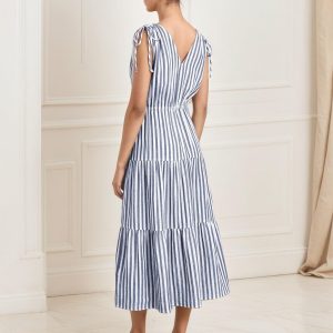 Bohemian V Neck Maxi Dress Sleeveless Summer Striped Slim Fit Elegant French Style Office Long Dress
