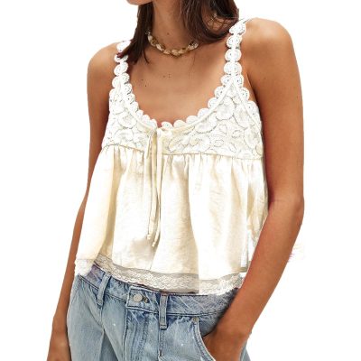 Women Lace Trim Tank Tops Y2k Tie Front Semi Sheer Crop Vest Cute Sleeveless Babydoll Cami Shirt
