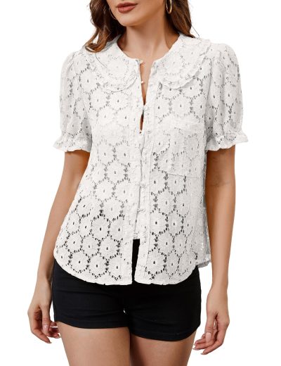 Women Puff Short Sleeve Blouse Shirts Peter Pan Collar Button Down Embroidered Lace See Through Tee Tunic Tops