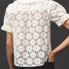 Women's Peter Pan Collar Neck Lace Trim Blouse Puffed Short Sleeves Tee Shirt Button Front Eyelet Tops with Pocket