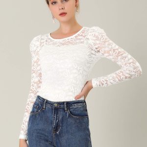 Women's Long Sleeve Lace Top Mesh Sheer Fitted Elegant Blouse