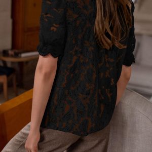 Womens 2025 Spring Lace Tops Short Puff Sleeve Casual Dressy Blouses Eyelet Crew Neck Button Down Shirts