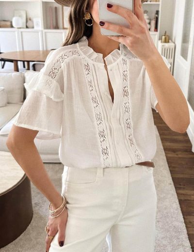 Women's Summer Blouse Short Sleeve Button Down Shirt Lace Trim Ruffles Round Neck Casual Work Top