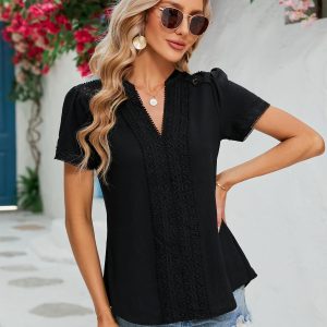 Womens Dressy Casual Blouses Short Sleeve V Neck Business Tops Summer Ladies Trendy Boho Office Work Shirts