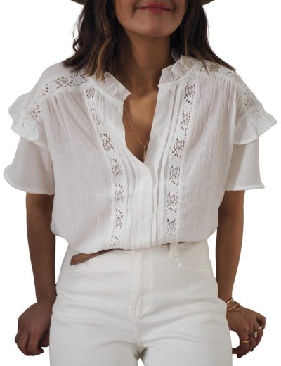 Women's Summer Blouse Short Sleeve Button Down Shirt Lace Trim Ruffles Round Neck Casual Work Top