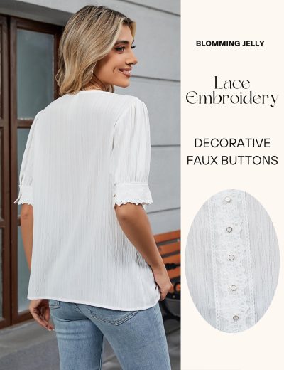 81OZeuqa8RL.jpg Womens Dressy Casual Blouse Short Puff Sleeve V Neck Lace Tops Summer Trendy Cute Ladies Business Work Shirt