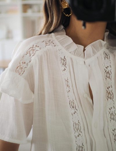 Women's Summer Blouse Short Sleeve Button Down Shirt Lace Trim Ruffles Round Neck Casual Work Top