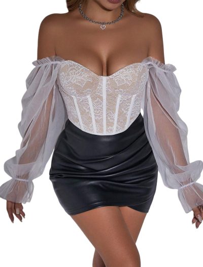 Lace Corset Tops for Women Going Out Summer Off The Shoulder Mesh Sheer Puff Lantern Long Sleeve Sexy Blouses Shirts
