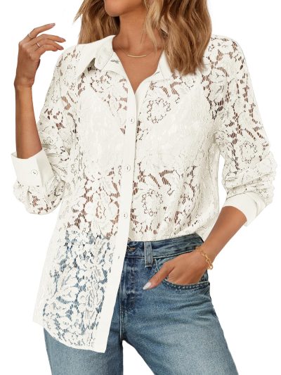 Women's Lace Long Sleeve Tops Dressy Casual Blouse Button Down Sheer Elegant Summer Shirts