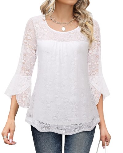 Women's Ruffle 3/4 Sleeve Elegant Dressy Blouses Crew Neck Double Layers Mesh Tunic Tops