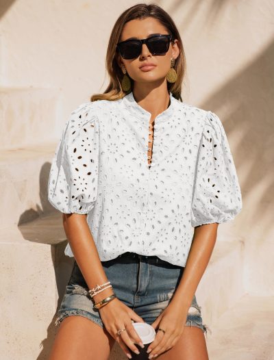 Womens Eyelet Summer Tops Lantern Short Sleeve Button V Neck Dressy Casual Blouses Hollow Out Embroidered Lace Shirts