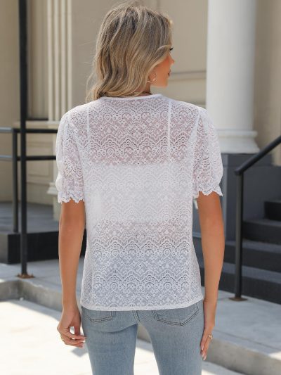 Lace Tops for Women Dressy Casual V Neck Short Sleeve Button Down Shirts Bussiness Work Office Summer Blouses