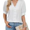 81a07UWW4-L.jpg Womens Dressy Casual Blouse Short Puff Sleeve V Neck Lace Tops Summer Trendy Cute Ladies Business Work Shirt