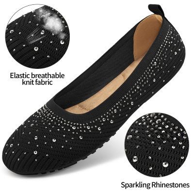 Ballets Flats for Women Dressy: Comfortable Soft Knit Work Flats Glitter Rhinestone Round Toe Casual Shoes for Office Wedding