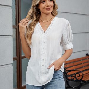 Womens Dressy Casual Blouse Short Puff Sleeve V Neck Lace Tops Summer Trendy Cute Ladies Business Work Shirt