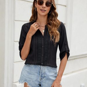 Womens Button Down Shirts Lace Crochet Dressy Casual Tops 3/4 Sleeve Work Summer Outfits 2025
