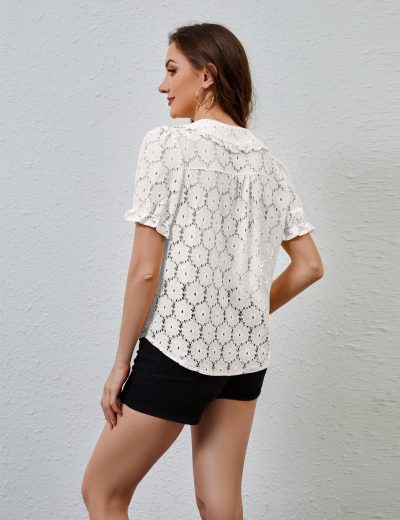 Women Puff Short Sleeve Blouse Shirts Peter Pan Collar Button Down Embroidered Lace See Through Tee Tunic Tops