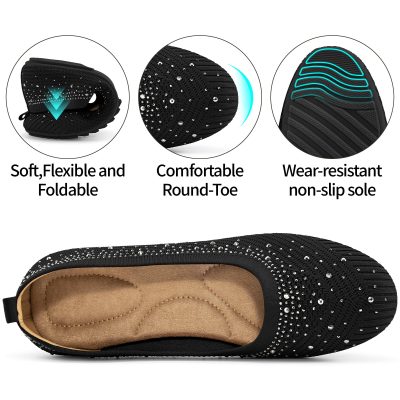 Ballets Flats for Women Dressy: Comfortable Soft Knit Work Flats Glitter Rhinestone Round Toe Casual Shoes for Office Wedding