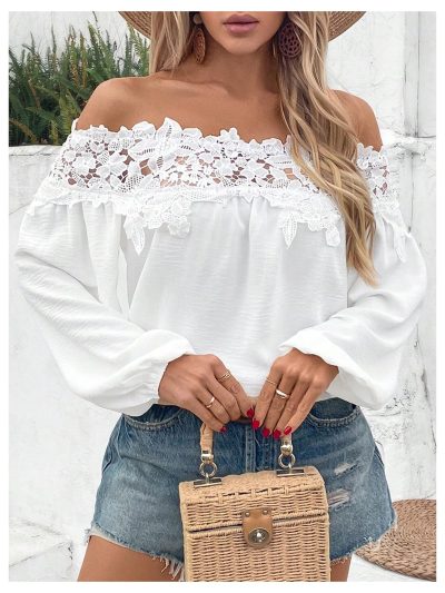Women's Off Shoulder Lace Blouse Long Sleeve Dressy Shirts Vacation Tops