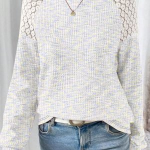 Fall Tops for Women Casual Crew Neck Waffle Knit Lace Raglan Long Sleeve Shirts Loose Fit Blouses Top