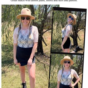 Mesh Top for Women Short Sleeve Crew Neck Fitted Top Solid & Floral Lace Tee Shirts