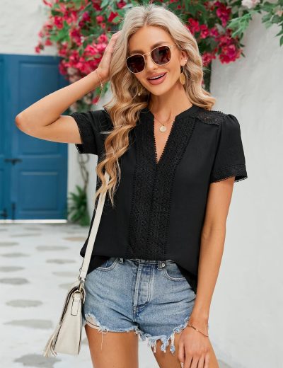 Womens Dressy Casual Blouses Short Sleeve V Neck Business Tops Summer Ladies Trendy Boho Office Work Shirts