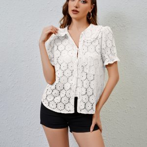 Women Puff Short Sleeve Blouse Shirts Peter Pan Collar Button Down Embroidered Lace See Through Tee Tunic Tops